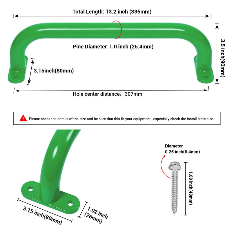 Purife 13'' Playground Safety Handle Metal Green 2 Pack, Outdoor Kids Playset Handles, Swing Set Grab Handles, Kids Grab Hand Bar for Jungle Gym, Climbing Frame, Playhouse, Treehouse - Image 2